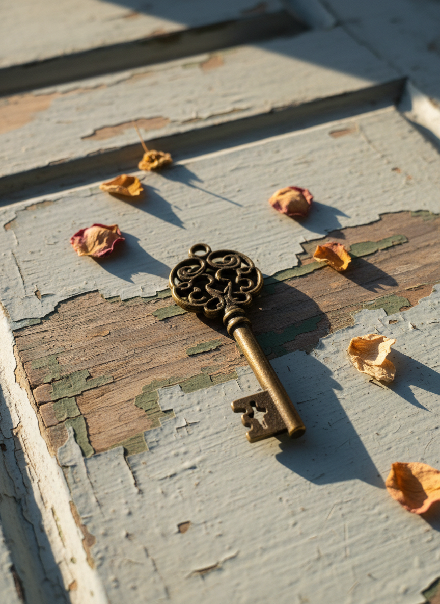 An antique brass key with intricate filigree detailing rests on the cracked surface of an old, pale blue-painted wooden door, the paint gently peeling to reveal layers of history beneath. Around the key lie a few scattered dried flower petals in faded rose and cream tones. Late afternoon golden-hour light slants across the scene from the left, catching the metallic highlights of the key and emphasizing the textures of chipped paint and wood grain. The composition is tightly framed from a slightly elevated angle in photographic realism, with sharp focus on the key and a gradual blur toward the door’s edges. The mood is mysterious yet hopeful, suggesting thresholds, transitions, and the possibility of discovering the other side of grief and self-acceptance.