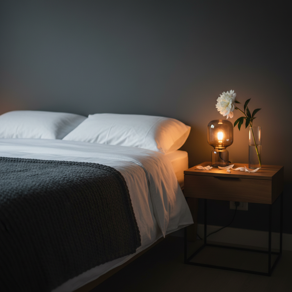 A neatly made bed with crisp white cotton sheets and a heavy charcoal-gray knitted blanket folded at the foot, set against a dark, matte wall. On the bedside table sits a small, dimly glowing amber glass lamp and a slim vase holding a single, almost-overbloomed white peony shedding a few petals onto the wood. Soft, warm lamplight pools around the table, contrasting with the surrounding shadows and creating a quiet, cocoon-like atmosphere. Photographic realism from a three-quarter angle, with shallow depth of field drawing focus to the wilting flower and fallen petals while the rest gently blurs. The mood is sophisticated, intimate, and reflective, evoking the slow, uneven process of healing after loss and infertility.