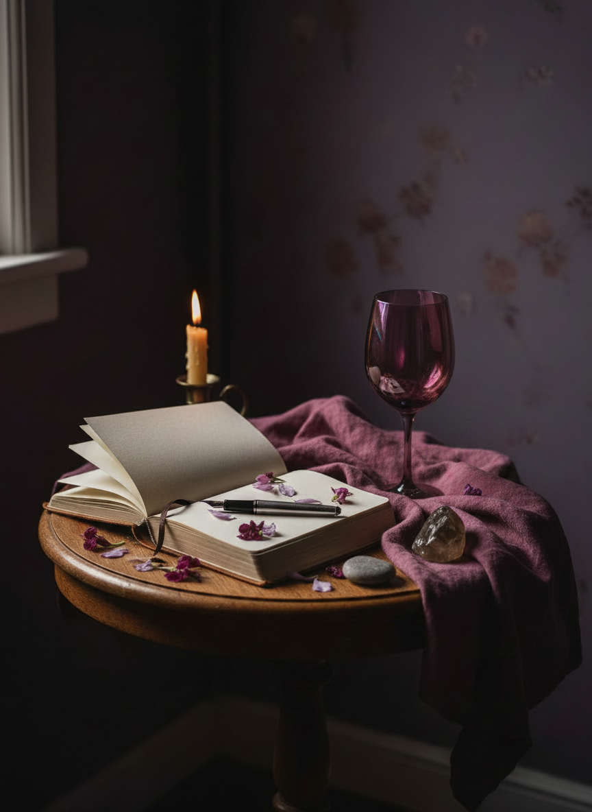 Dark, moody, yet gently whimsical still life for the About section of a grief and healing blog. Replace the mug of tea with a single, colorful wine glass that feels artful and symbolic rather than party-like: think deep plum or mulberry glass with subtle iridescent reflections, sitting beside an open journal with a pen, a soft linen cloth, scattered wildflower petals, and a small crystal or smooth stone. Deep plum and mulberry tones with hints of soft lilac and warm candlelight. Vertical/portrait orientation, cinematic side lighting, rich shadows, and a high-end editorial feel. No people, no text, no literal occult symbols.