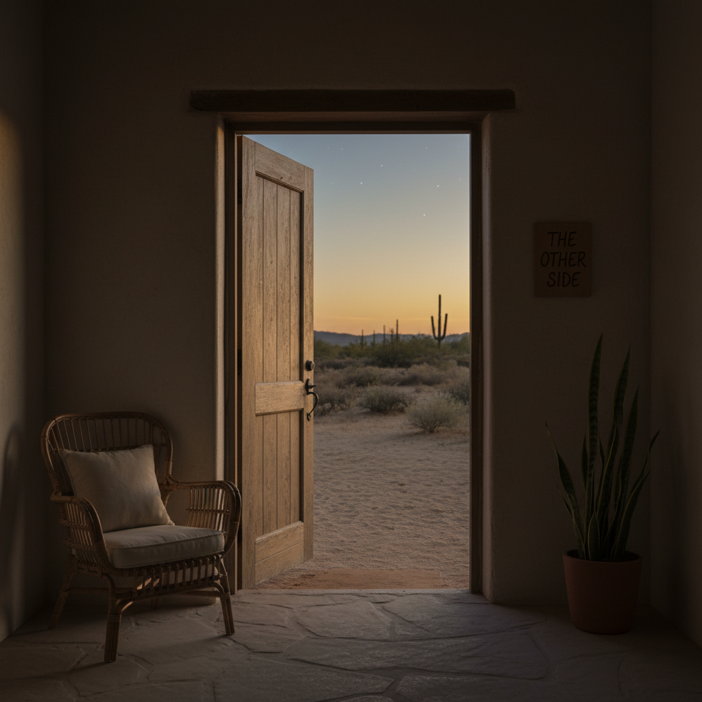 A realistic, dark, moody yet gently soft photograph-style image with a feminine feel: a simple open doorway at dusk in a quiet desert home. Warm natural light spills in from an outside desert landscape—soft sand, distant silhouettes of cacti or low scrub, and a wide sky shifting from gold to deep blue. The interior foreground is a dim, simple hallway with soft shadows and maybe a single chair or plant, no candles or mystical symbolism. The overall mood is calm, grounded, and natural, evoking the feeling of stepping into an intimate, honest, real-life journal space called 'The Other Side' with subtle desert vibes.